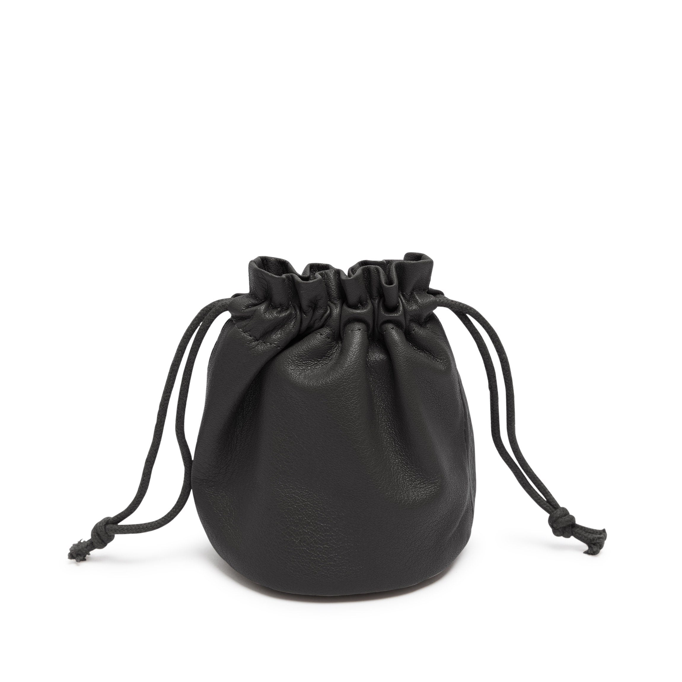 black leather drawstring backpack Leather Round Drawstring Pouch - Small Tech, Makeup, Jewelry Holder, Microsuede Lining - Black Onyx