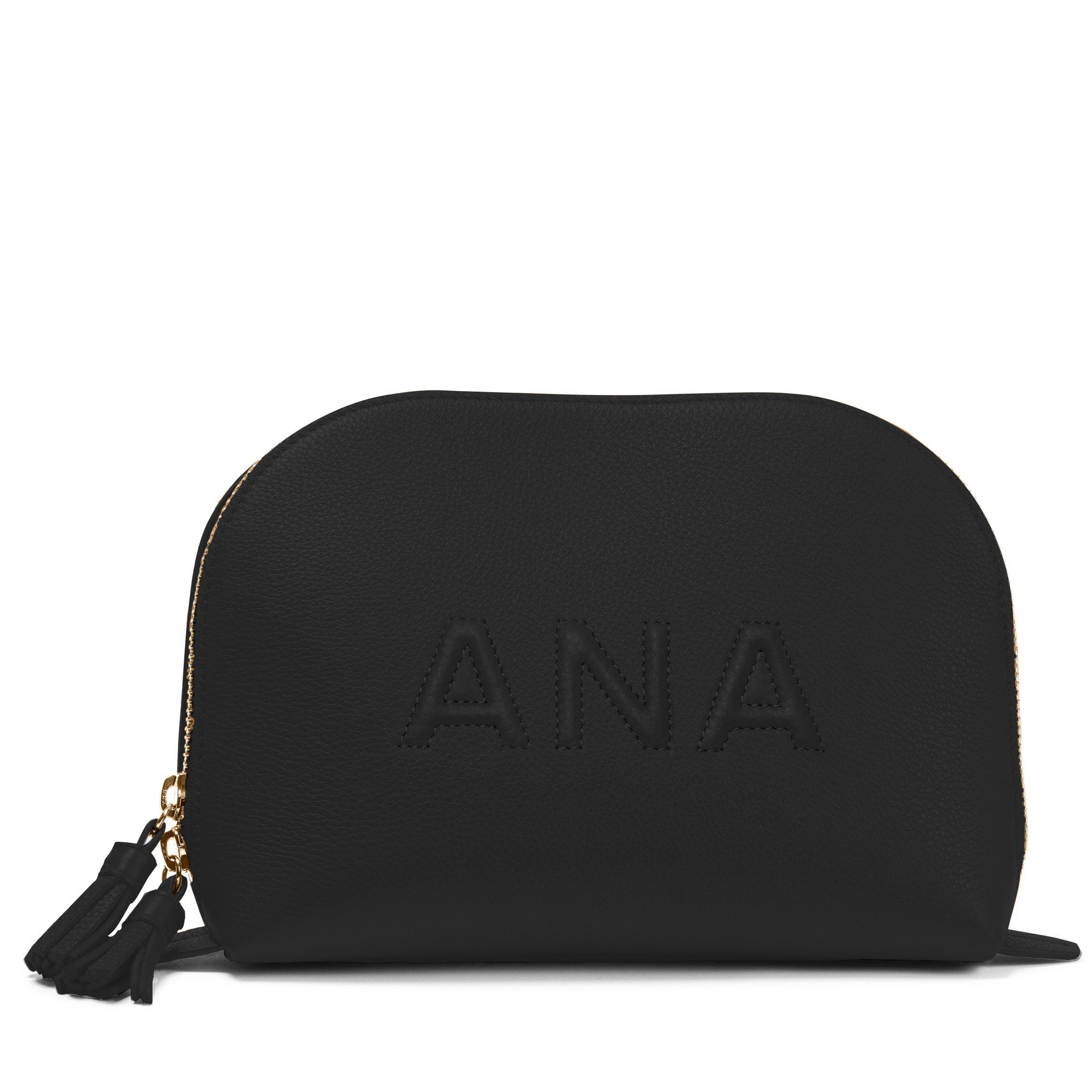 black travel makeup bag Large Clamshell Leather Makeup Bag - Standing Design - Interior Zipped Pocket - Black Pebble