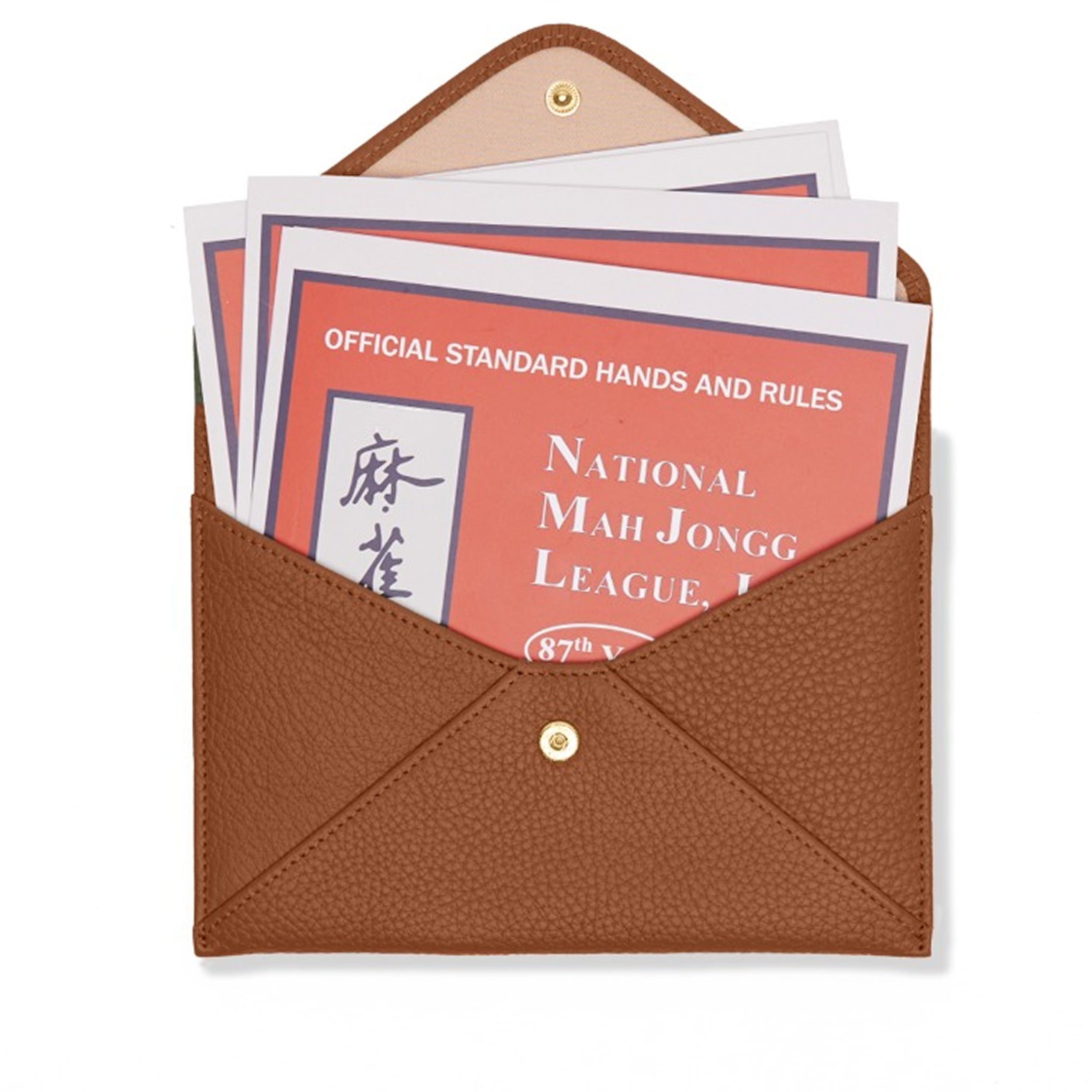 mahjong card sleeve Mahjong Card Holder - Fits Full Set of Mahjong Cards, Snap Closure, Expandable Leather Body, Game Night Accessory - Saddle Brown