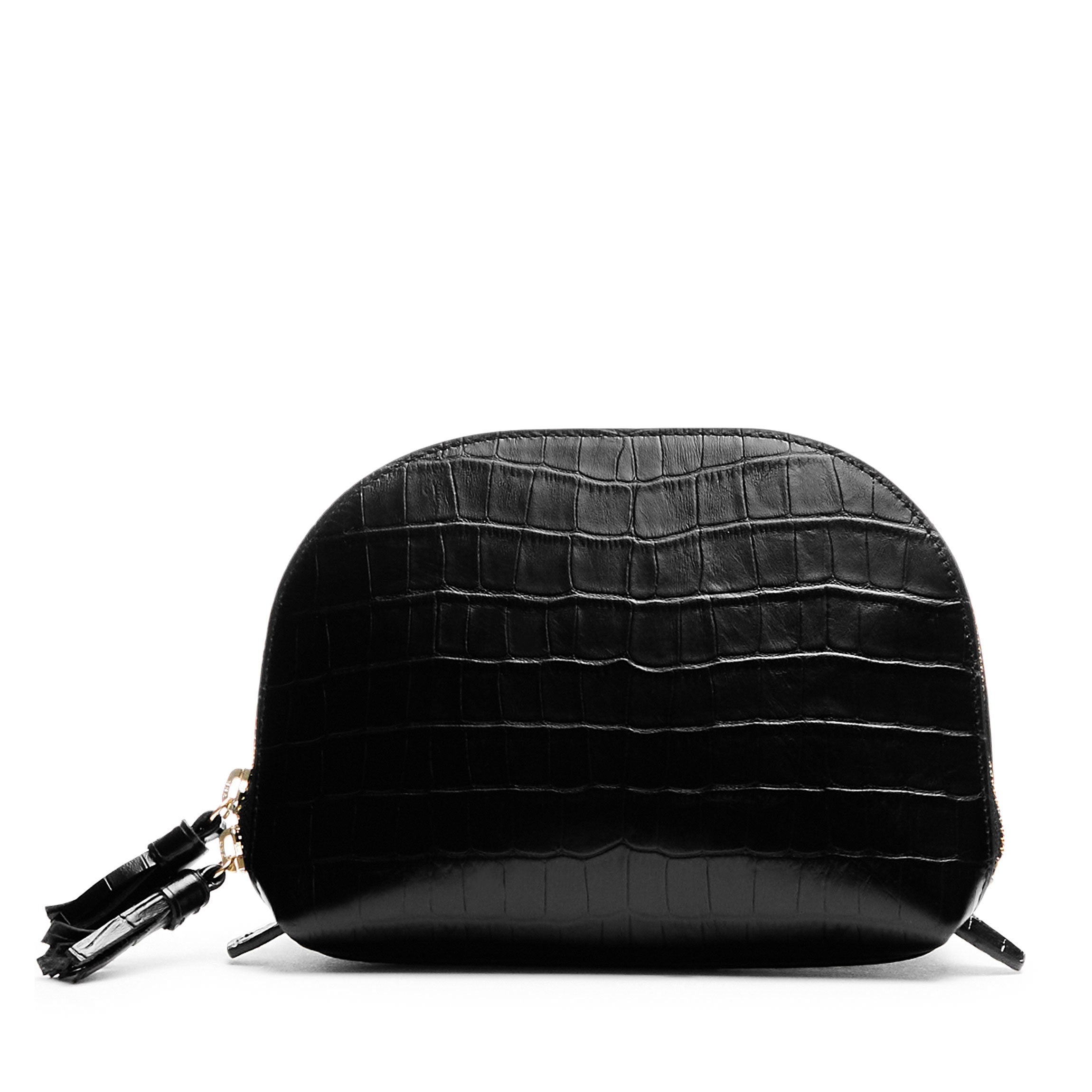 ブラックレザー メイクアップバッグ Medium Clamshell Makeup Bag | Full grain leather, compact beauty