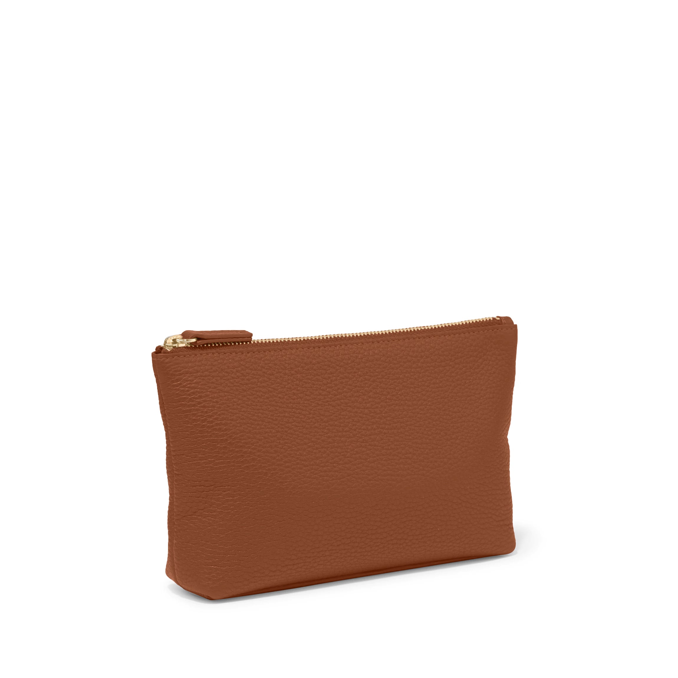 Small Accessories Leather Pouch - Tech Accessories, Makeup Holder, Zippered, Standing Design - Saddle Brown