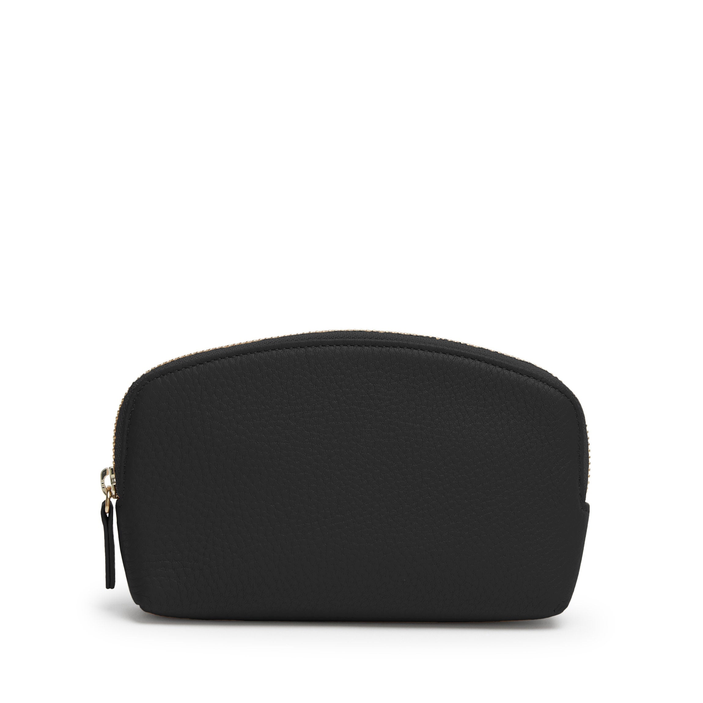Small Leather Makeup Pouch - Water-Resistant Lining, Wide Metal Zipper, Interior Pocket - Black Pebble