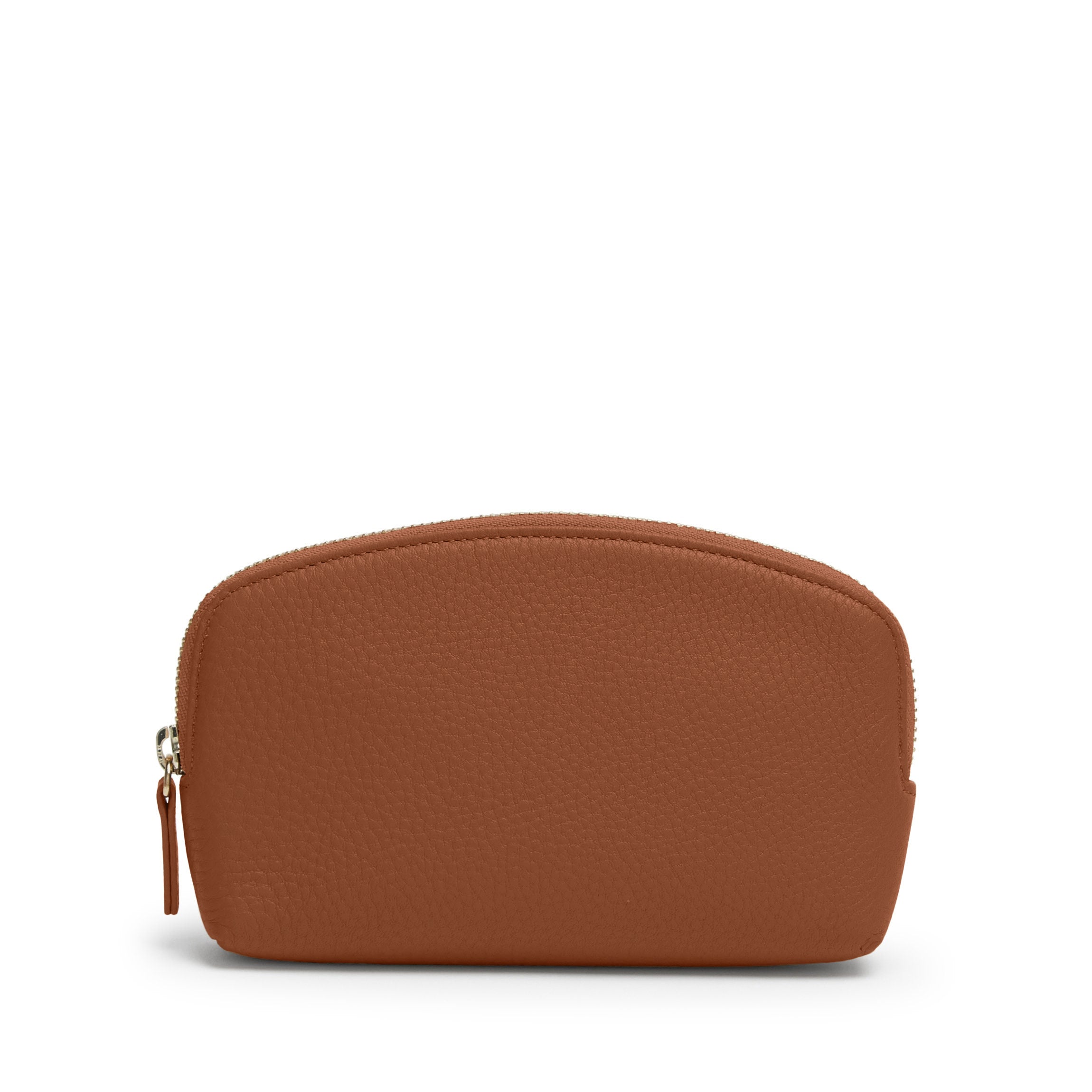 Small Leather Makeup Pouch - Water-Resistant Lining, Wide Metal Zipper, Interior Pocket - Saddle Brown