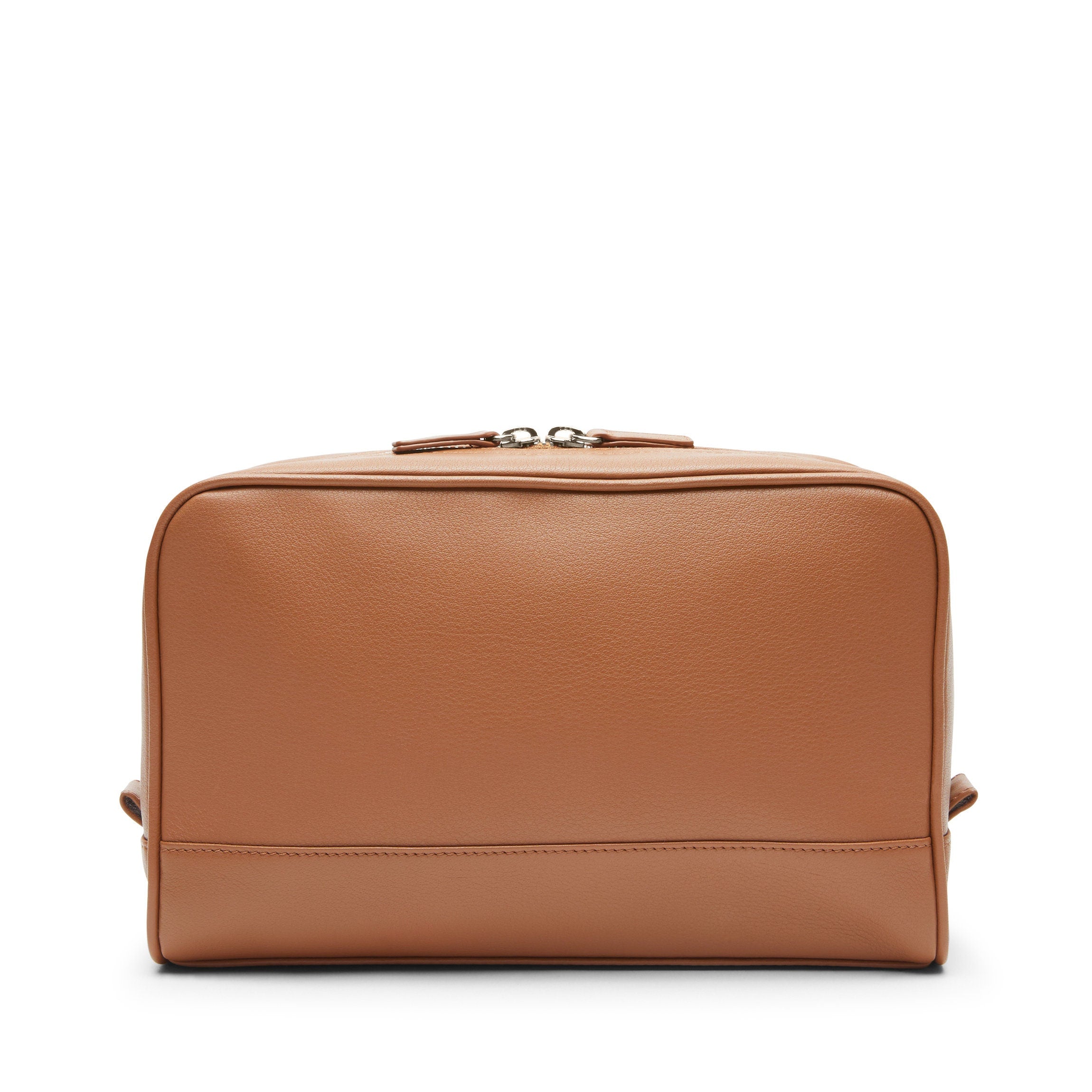 Top Zip Leather Toiletry Bag - Water-Resistant Lining, Slim Profile Standing Design - Cognac