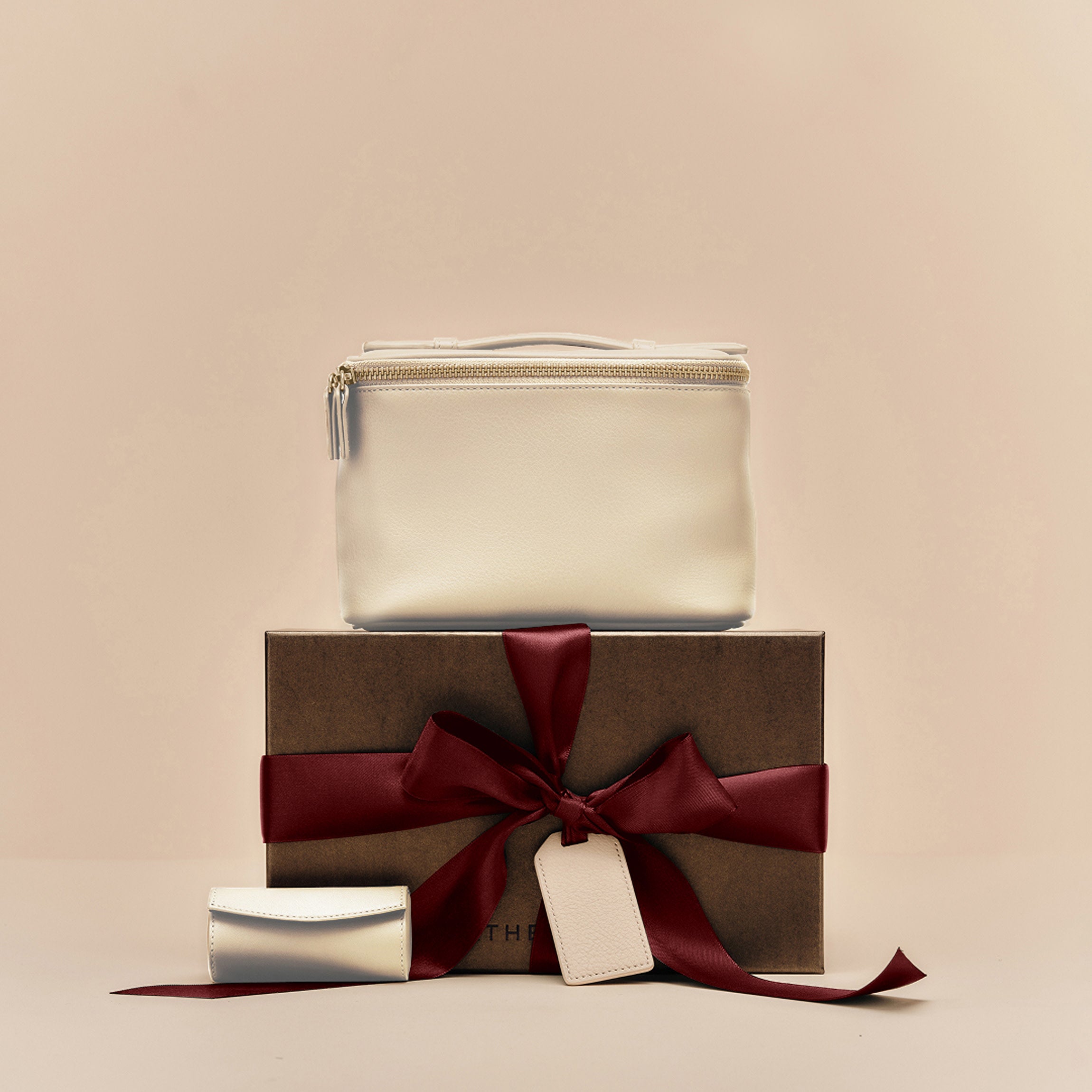 Beauty Leather Gift Set - Includes Small Train Case & Lipstick Case - Sand