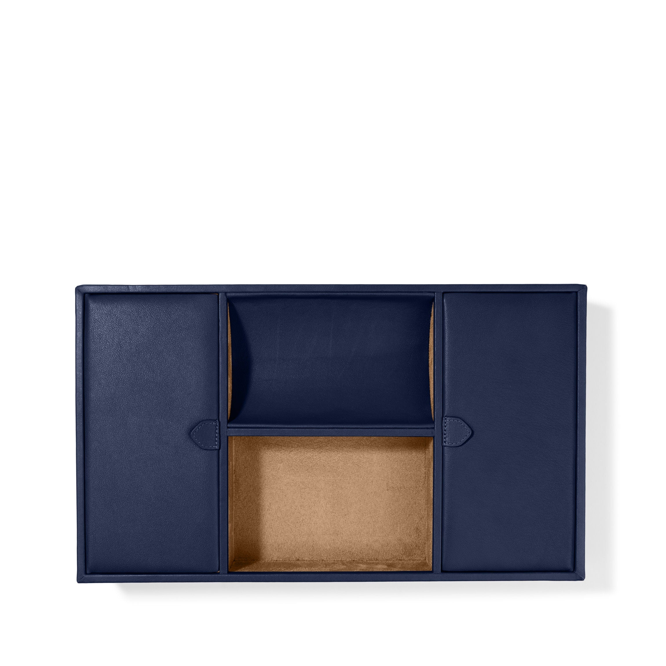 Deluxe Valet - Watch & Jewelry Holder With 8 Compartments, Full Grain Leather, Suede Lining - Navy Blue - Personalized Gifts, Leatherology