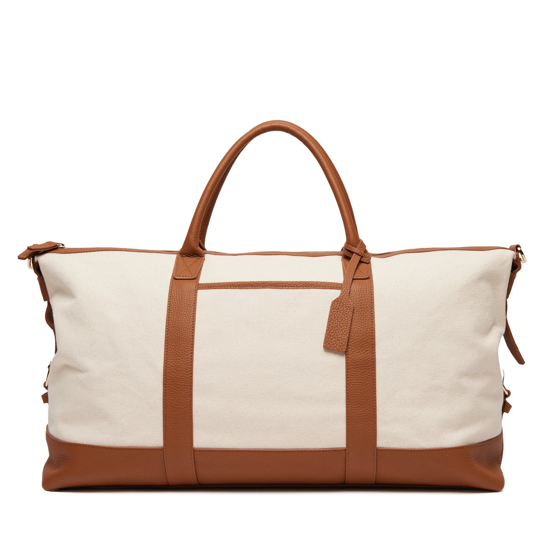 Kessler Medium Leather Duffle - Travel Bag With Adjustable Shoulder Strap - Natural Canvas/Saddle Brown