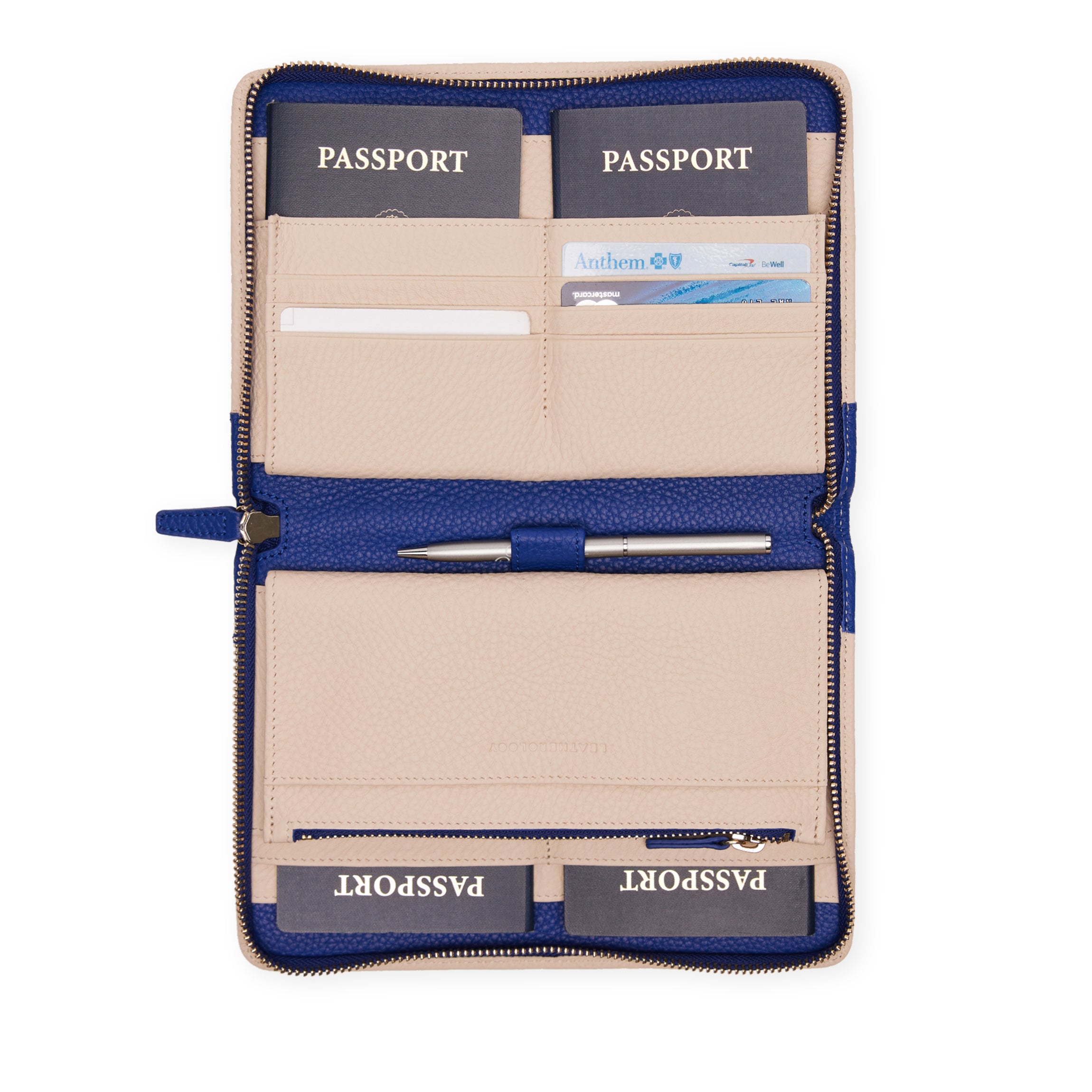 Family Passport Holder | Full Grain Leather Sand/Regatta Blue