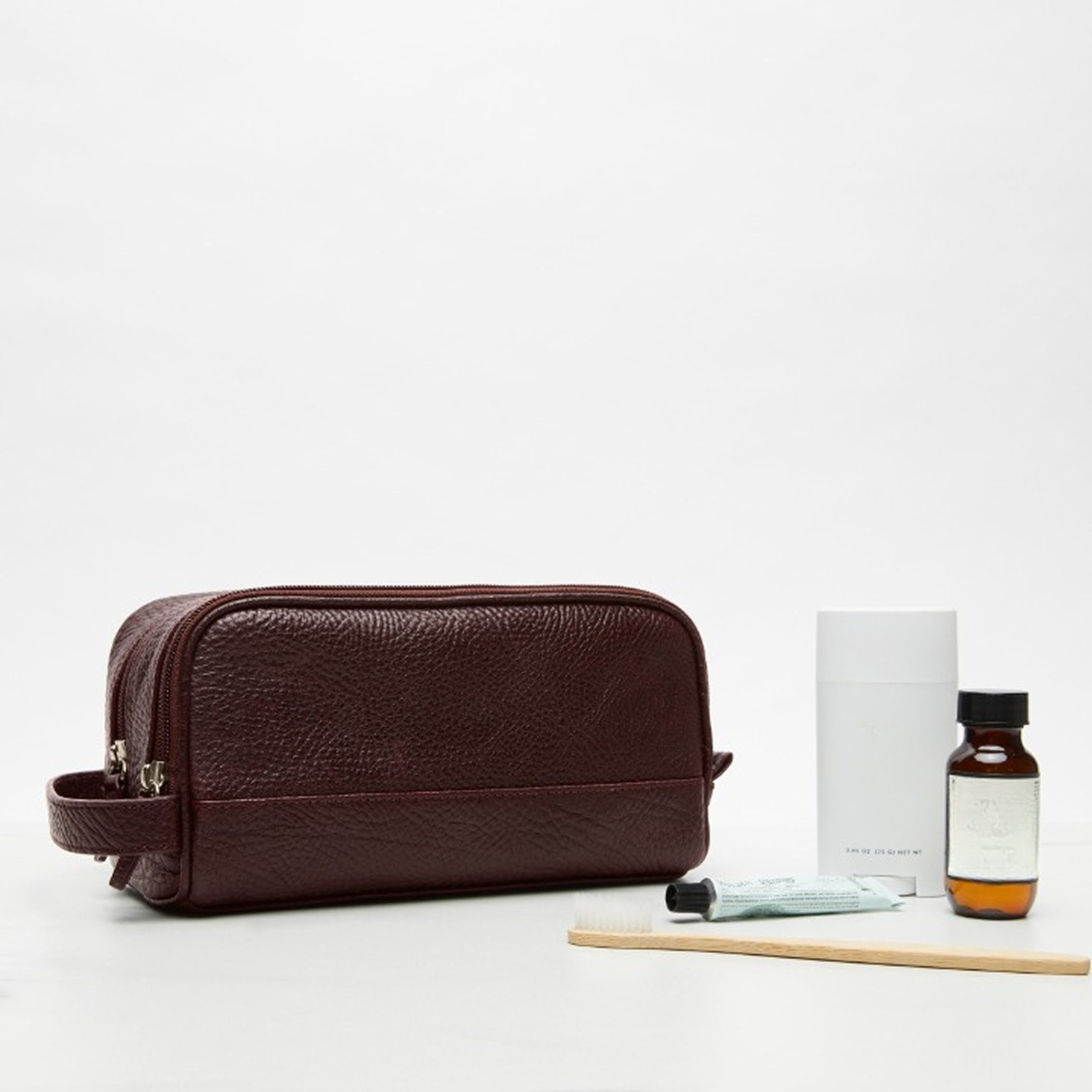 Small Double Zip Toiletry Bag | Full grain leather, compact