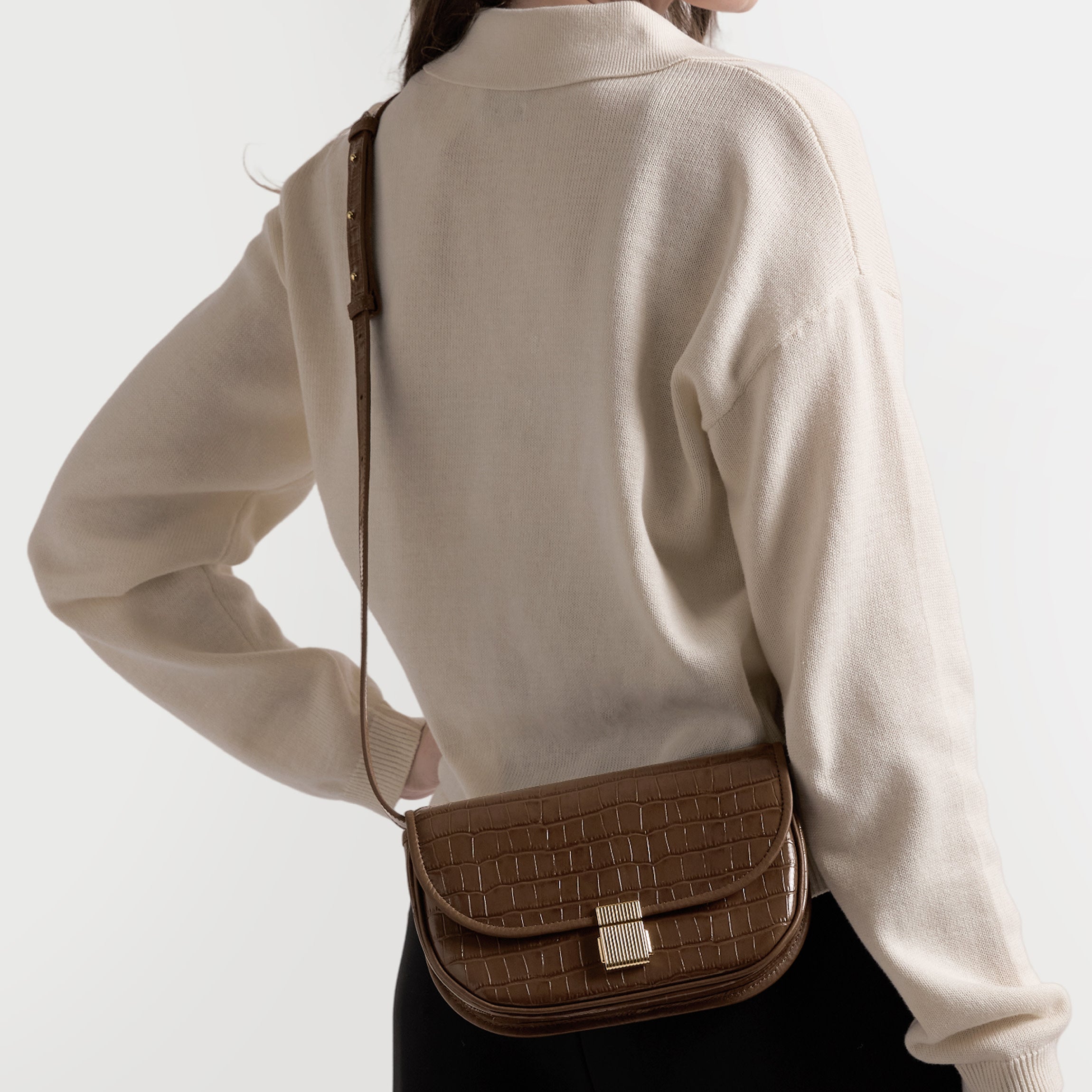 carol silver leather mini backpack with central zip Katy Small Saddle Crossbody - Detachable Strap, Latch Closure, Custom Monogramming - Cocoa Croc