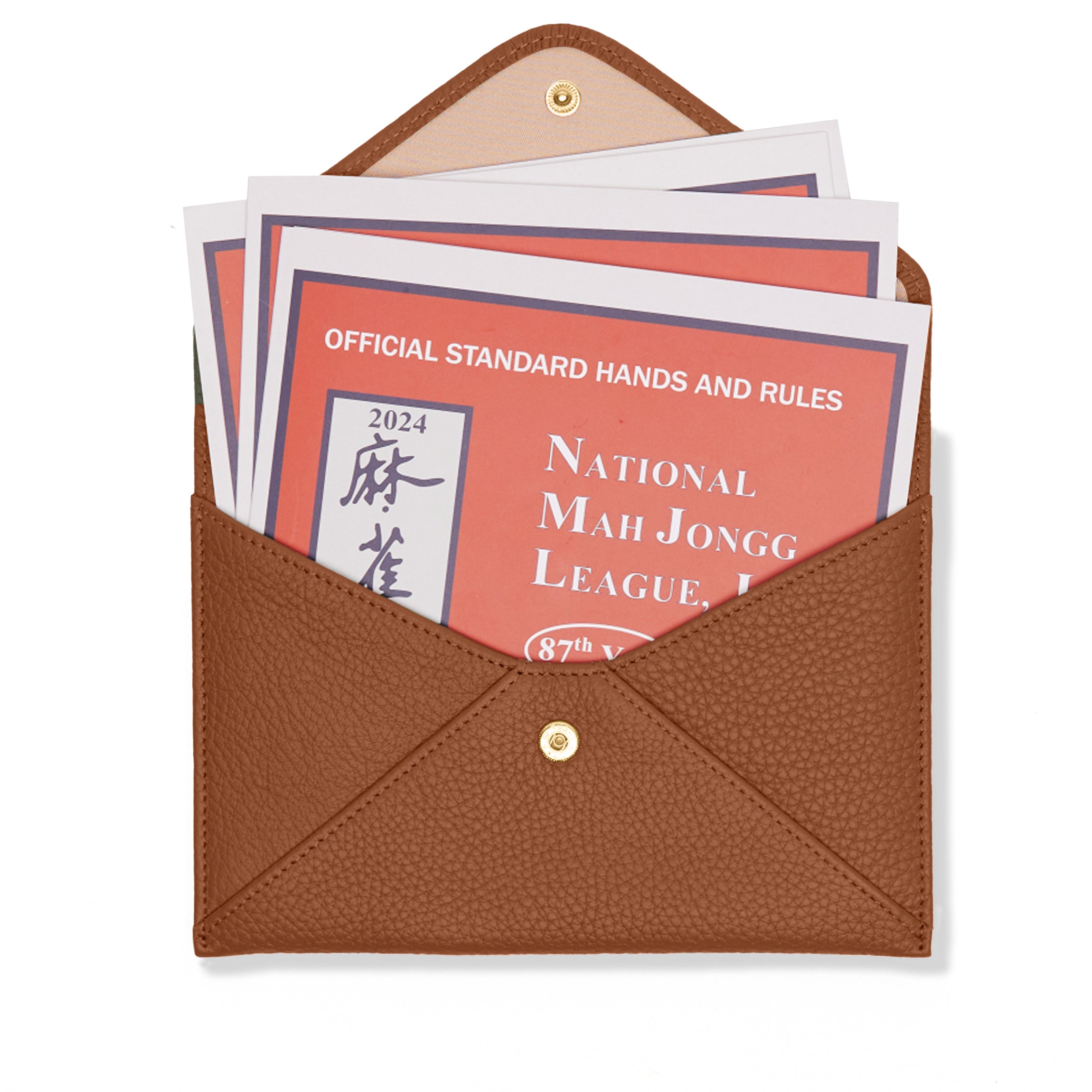 Mahjong Card Holder - Fits Full Set of Mahjong Cards, Snap Closure, Expandable Leather Body, Game Night Accessory - Saddle Brown