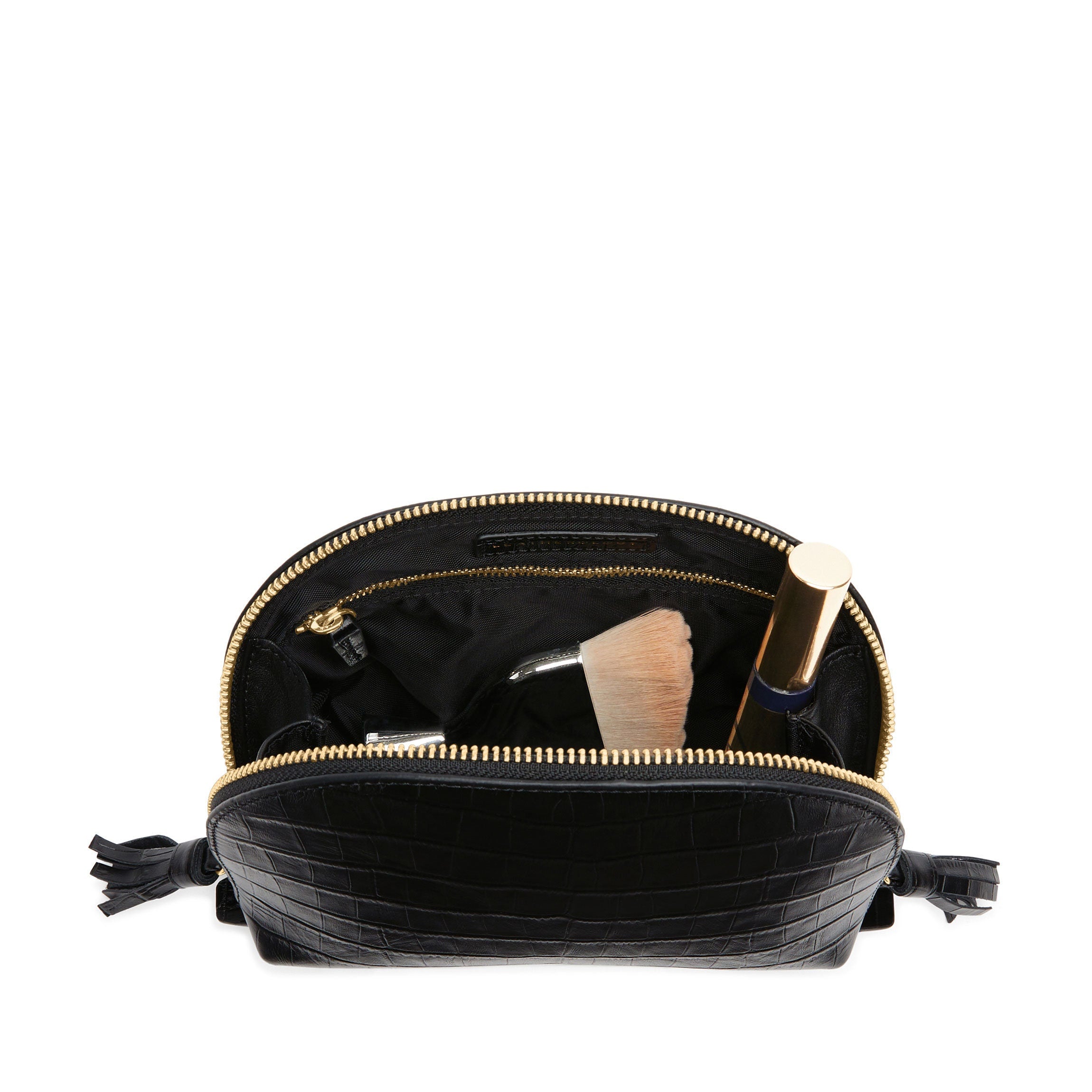 ブラックレザー メイクアップバッグ Medium Clamshell Makeup Bag | Full grain leather, compact beauty