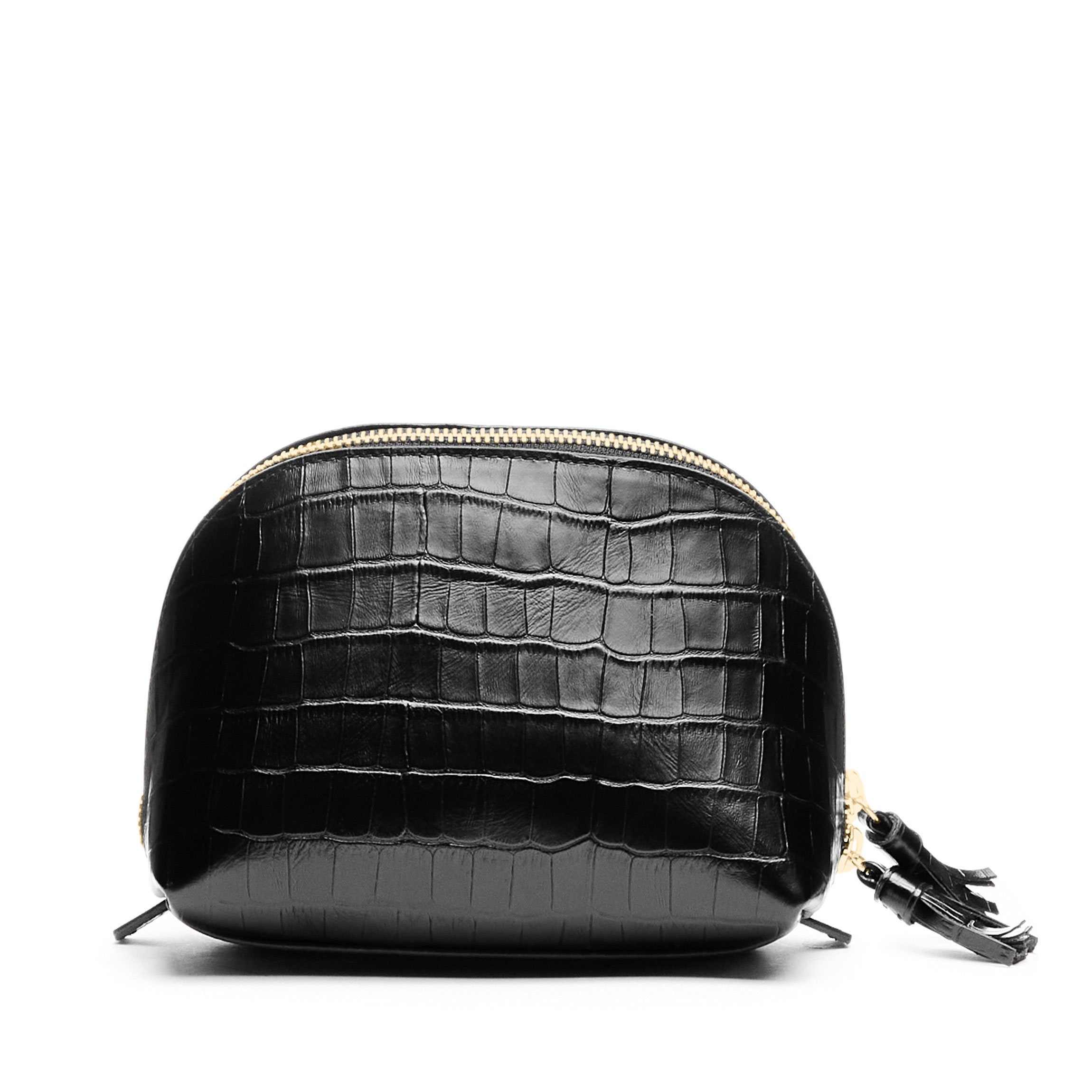 Medium Clamshell Makeup Bag Full grain leather, compact beauty