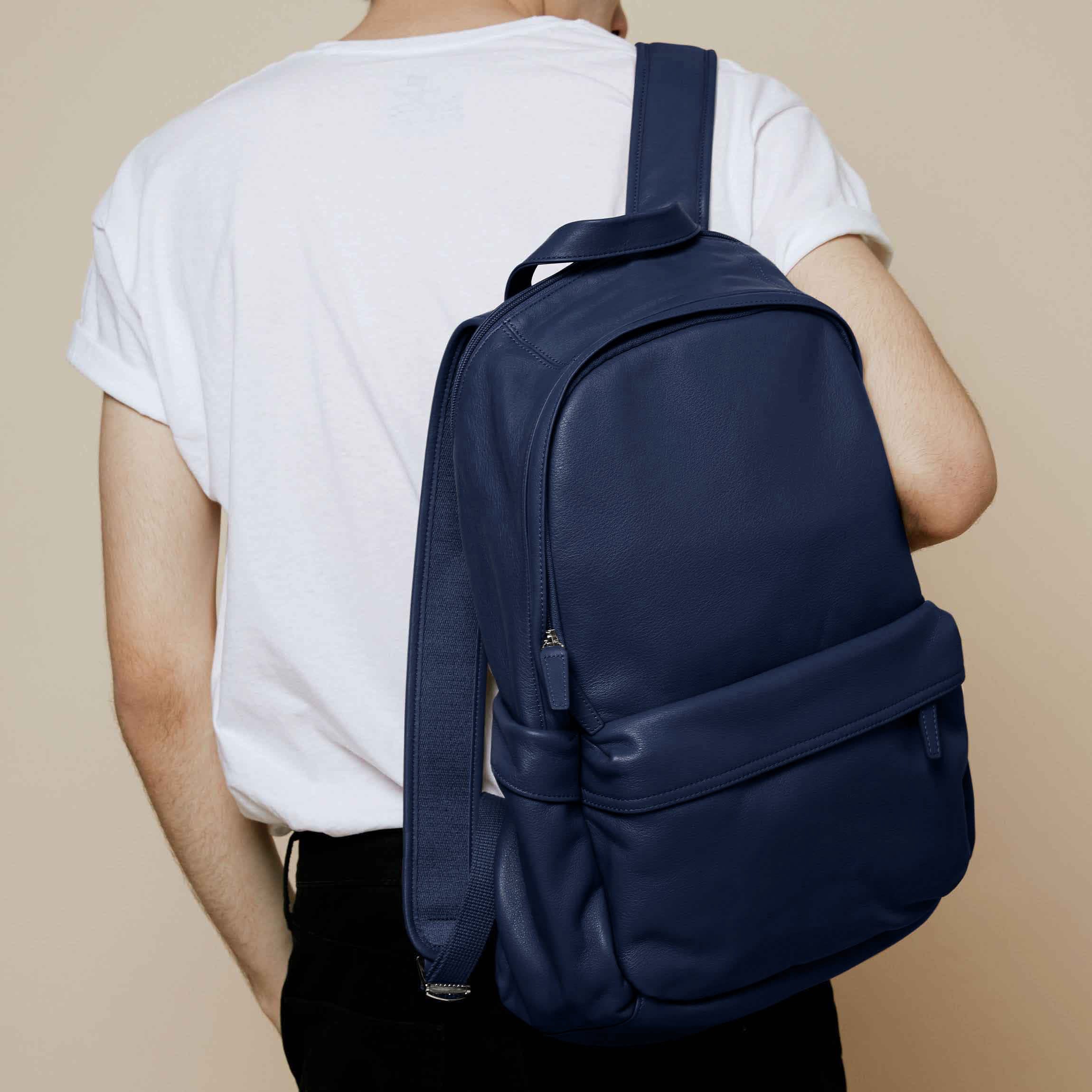 blue backpack leather straps Parker Backpack