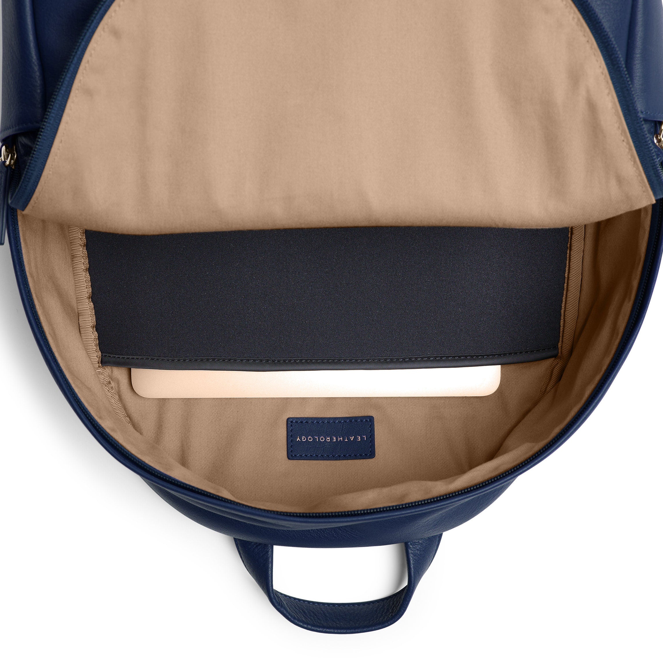 blue backpack brown leather Sloan Backpack