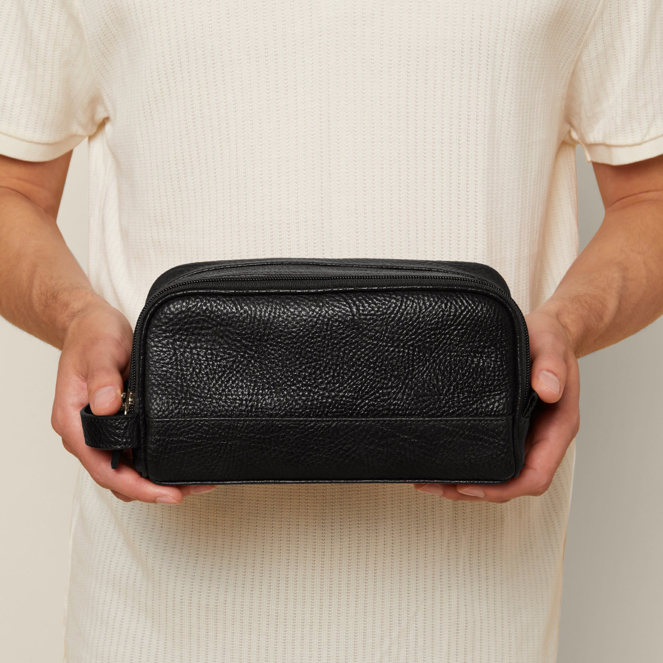 Small Double Zip Toiletry Bag Full grain leather, compact