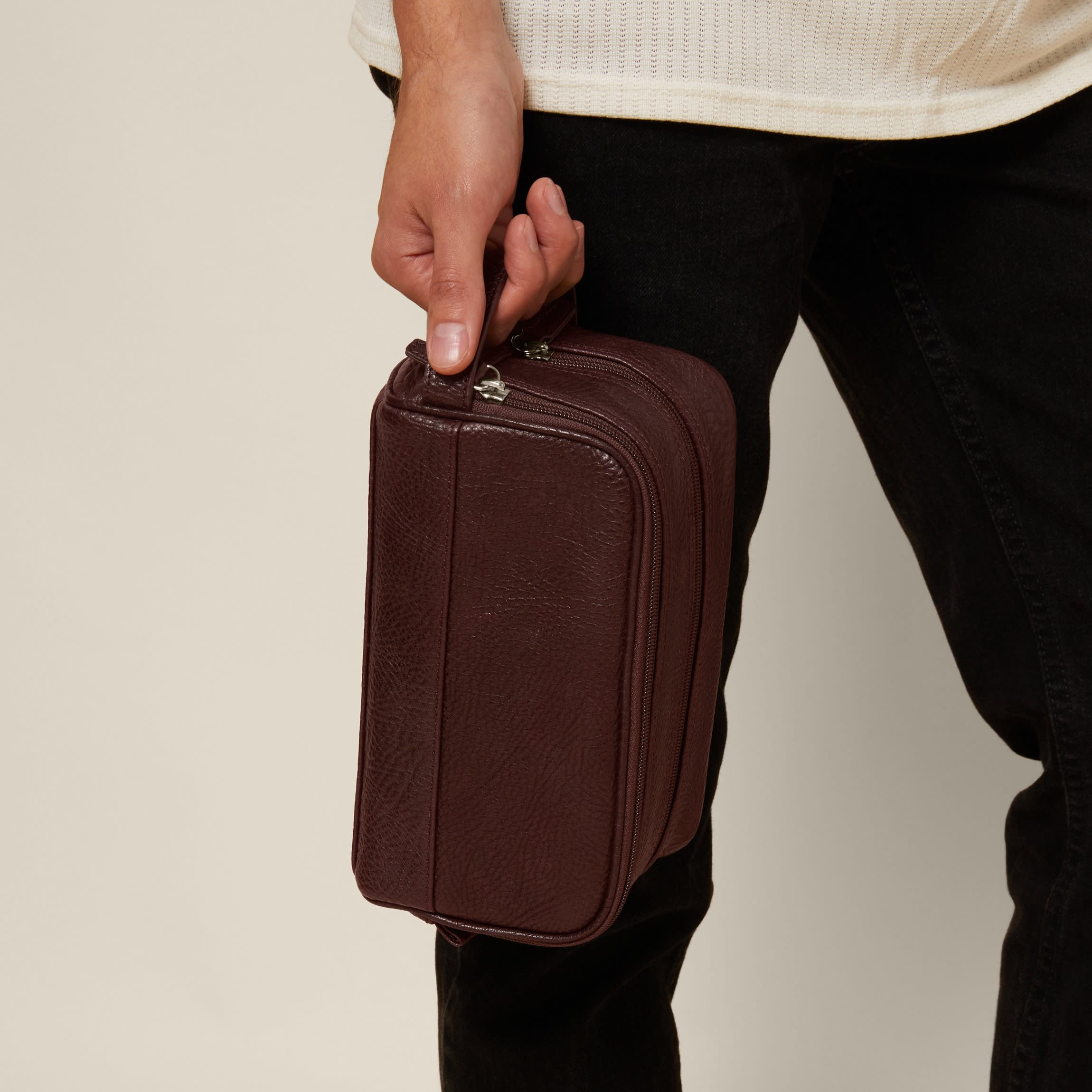 Small Double Zip Toiletry Bag | Full grain leather, compact