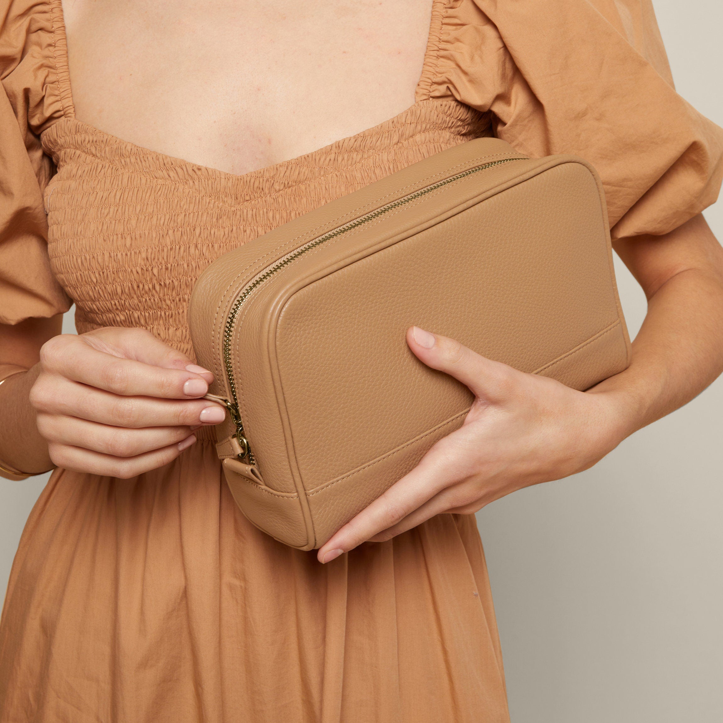Top Zip Leather Toiletry Bag - Water-Resistant Lining, Slim Profile Standing Design - Camel